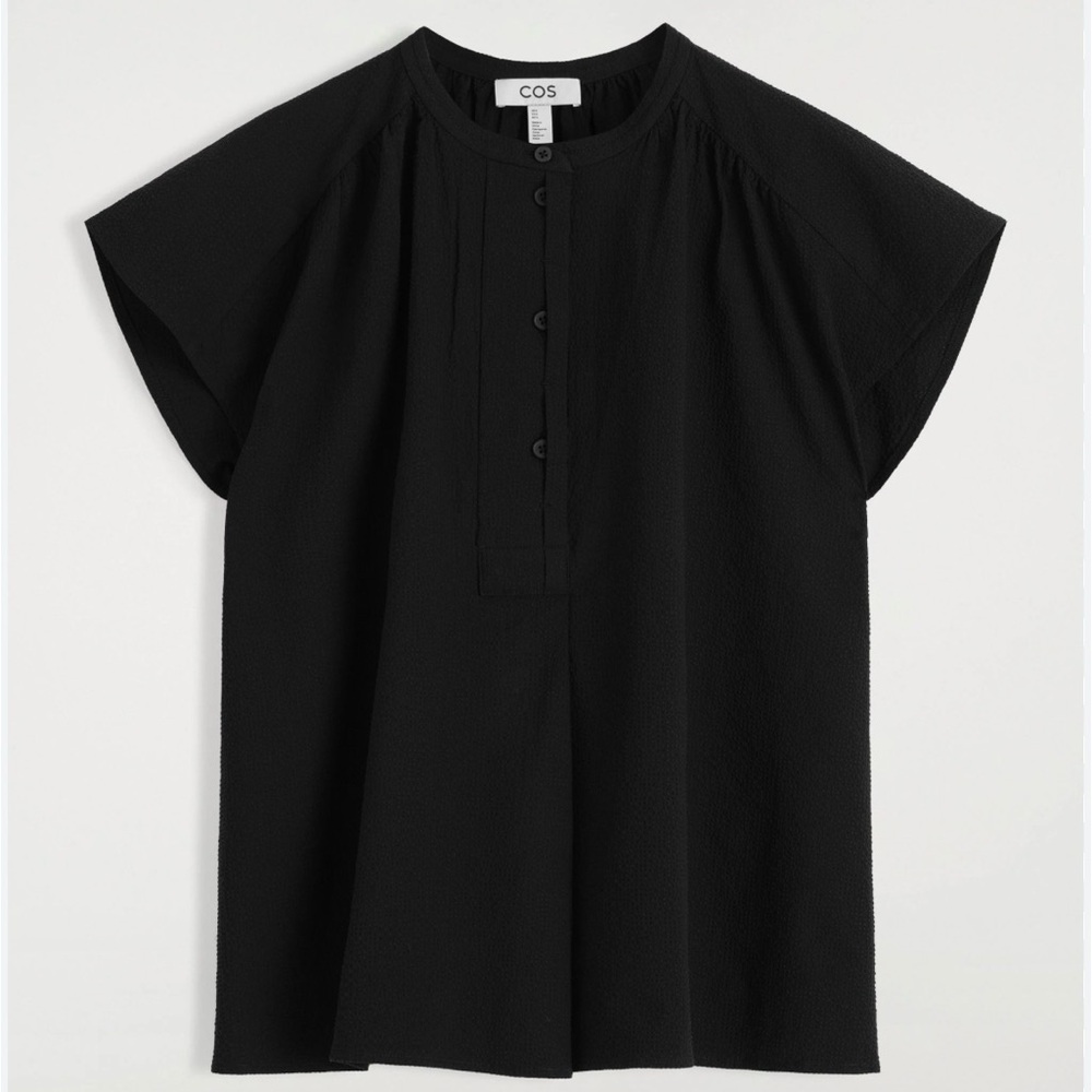 COS Black Gathered Grandad-Collar Blouse, Size 12